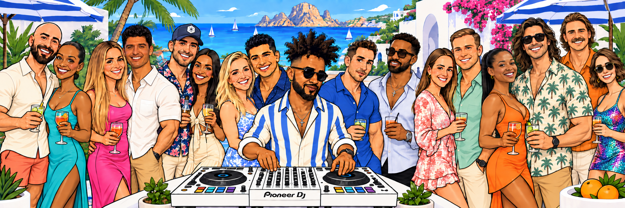 Cartoon caricatures of the full crew in Ibiza outfits, all seven couples together, and the DJ at a white Pioneer deck