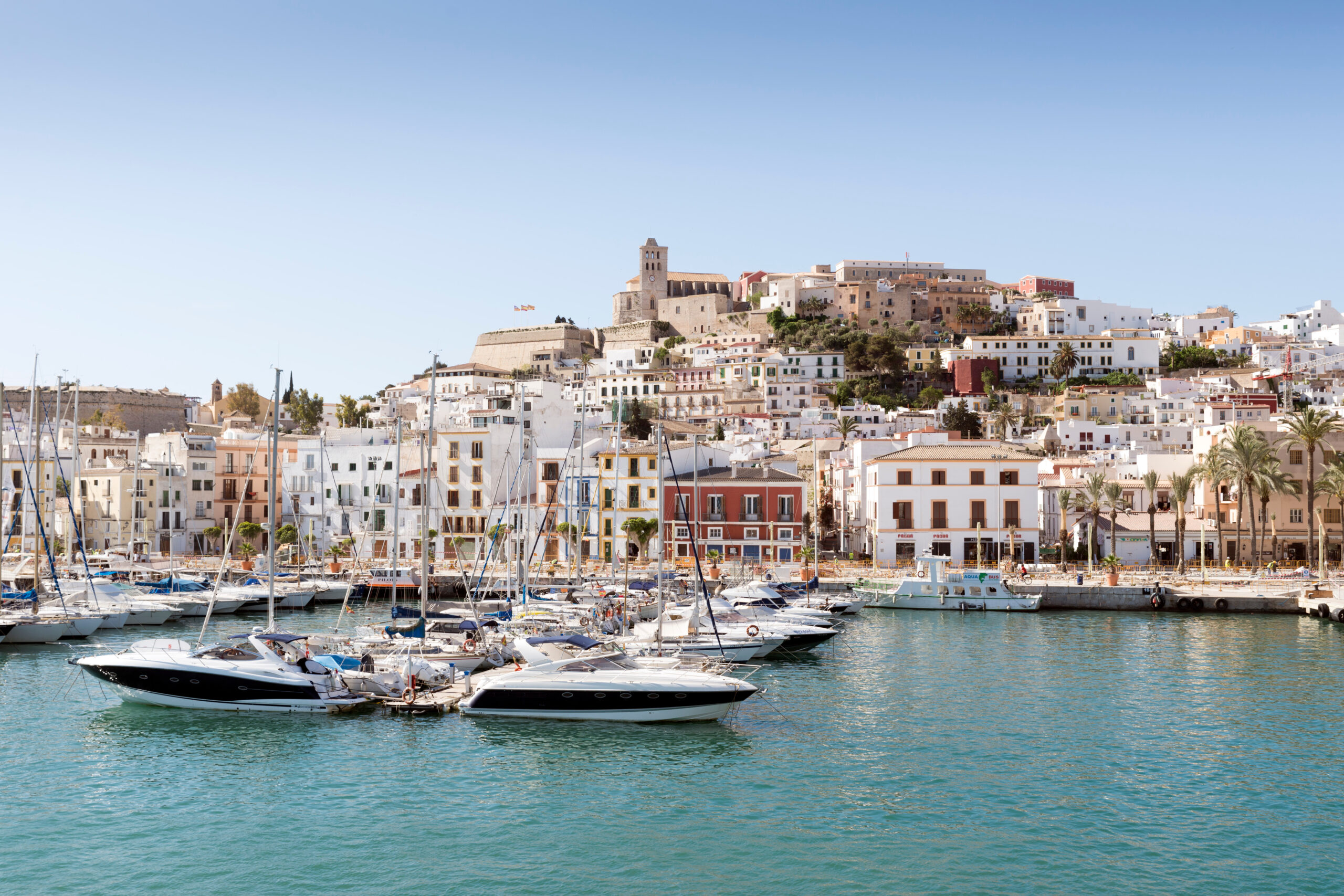 Ibiza Town rising above the harbour and moored yachts